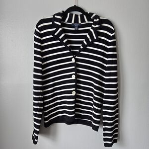 Chaps 100% Cotton Nautical Black & White Striped Cardigan Sweater Size XL